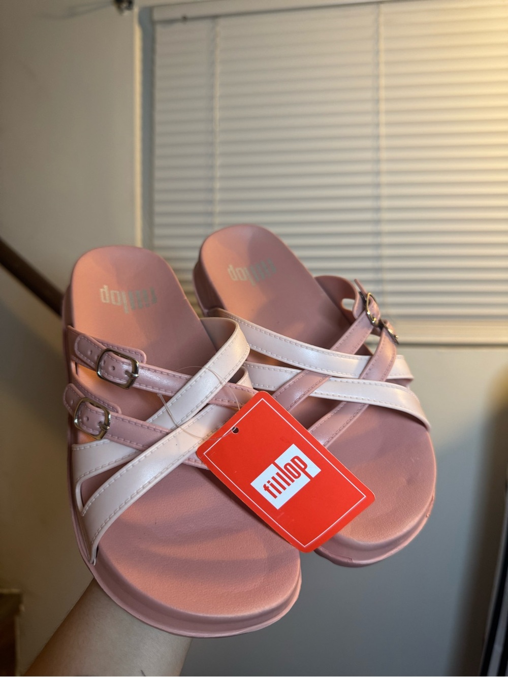 Pale Pink and Cream Crisscross Slide Sandals